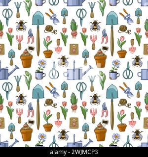 Modèle sans couture avec des outils de jardin, tulipes, fleurs en pots, arrosoirs, ciseaux, abeilles. Illustration de Vecteur