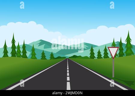 Route vide droite à travers la campagne. Collines verdoyantes, ciel bleu, prairie et montagnes. Illustration vectorielle de paysage d'été. Illustration de Vecteur