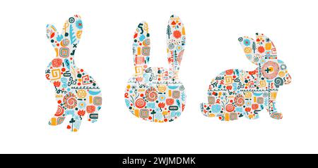 Carte de Pâques avec lapin. Ensemble de lapins abstraits. Carte postale joyeuses Pâques . dessin à la main. Pas IA. Illustration vectorielle Illustration de Vecteur