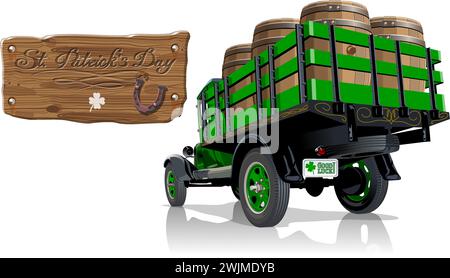 Camion Vector vintage avec des barils de bière pour la conception de célébration irlandaise Happy Saint Patrick Day. Lettrage festival de bière sur planche de bois. EPS-10 séparé b Illustration de Vecteur