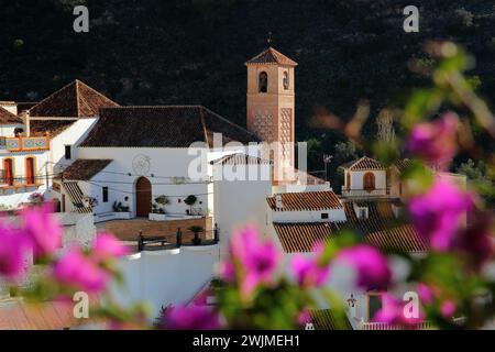 Le village de Salares, Axarquia, province de Malaga, Andalousie, Espagne, avec des maisons blanchies à la chaux et son minaret qui montre le patrimoine arabe Banque D'Images