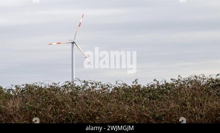 Erneuerbare Energie im Wind , Wirtschaft, Deutschland, Rhénanie-Palatinat, 16.02.2024, Windräder gegen bewölkten Himmel. Symbole grüner Energie. *** Énergie renouvelable dans l'éolien , économie, Allemagne, Rhénanie-Palatinat, 16 02 2024, éoliennes contre les ciels nuageux symboles de l'énergie verte Banque D'Images