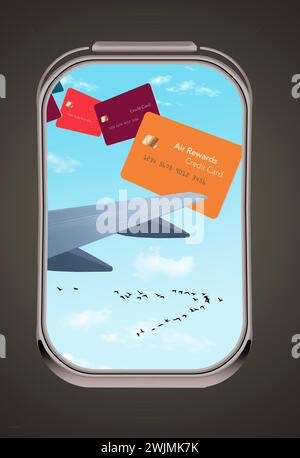 Les cartes de crédit de récompense air miles sont vues voler près de la fenêtre d'un avion de ligne dans une illustration en 3D. Banque D'Images