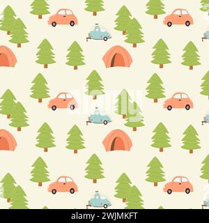 Motif sans couture d'expédition d'aventure dessiné à la main pour enfants. L'illustration vectorielle peut être utilisée pour les draps, textiles, papiers peints. Matériel de camping de dessin animé. Illustration de Vecteur