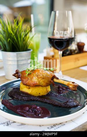 Cuisse de canard rôtie sur purée de pommes de terre avec oignon, crème de chou violet et jus de myrtilles sur une table extérieure Banque D'Images