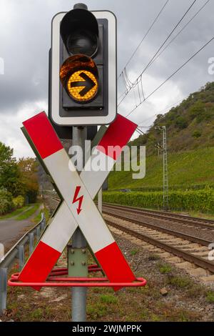 Panneau de signalisation rouge et blanc pour le passage à niveau avec un feu de stop jaune devant un paysage vert et un ciel gris Banque D'Images