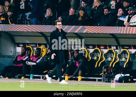 Berne, Suisse, 16 février 2024 : lors du match de football de l'UEFA Europa League entre BSC Young Boys et Sporting CP au stade de Wankdorf à Berne, en Suisse. Le manager Raphael Wicky (BSC Young Boys, au centre) et #77 Joel Monteiro (BSC Young Boys, à droite), #15 Meschack Elia (BSC Young Boys, à gauche) (Maximilian Gärtner/SPP) crédit : SPP Sport Press photo. /Alamy Live News Banque D'Images