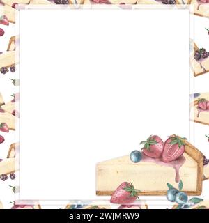 Cadre aquarelle avec un morceau de tarte au fromage avec des framboises, des fraises, des mûres et des bleuets sur un fond blanc. Waterco dessiné à la main Banque D'Images