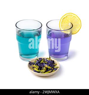 Verres avec du thé bleu et violet de fleurs de pois papillon avec du citron et des fleurs de thé de pois papillon séchées de gros plan isolé sur fond blanc Banque D'Images