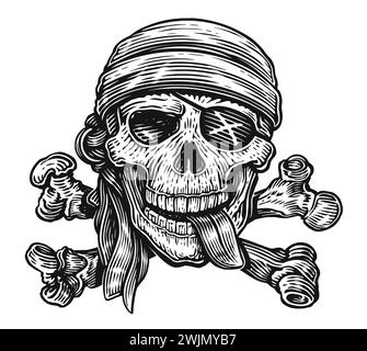 Jolly Roger portant un bandana et un cache-oeil. Crâne humain avec des os croisés. Illustration d'esquisse vectorielle Illustration de Vecteur