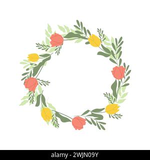 Couronne élégante avec tulipes rouges et jaunes. Modèle de cadre rond vectoriel. Illustration de Vecteur