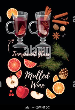 Ensemble d'ingrédients de vin chaud Illustration de Vecteur