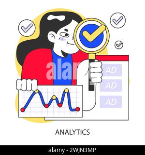 Concept d'analyse publicitaire. Évaluation des performances publicitaires avec un œil attentif sur les indicateurs. Représentation de l'analyse des données et du succès du suivi des campagnes. Illustration vectorielle plate. Illustration de Vecteur