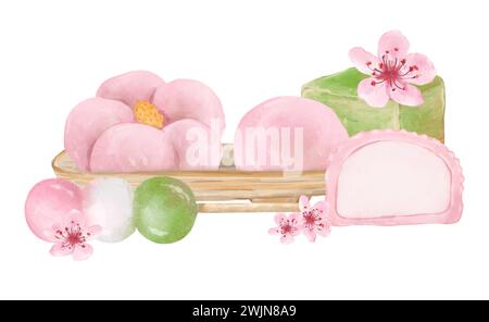 Desserts Hanami de saison, cuisine japonaise traditionnelle. Dessert mochi avec des fleurs de sakura isolé sur fond blanc. Aquarelle dessinée à la main illustrati Banque D'Images