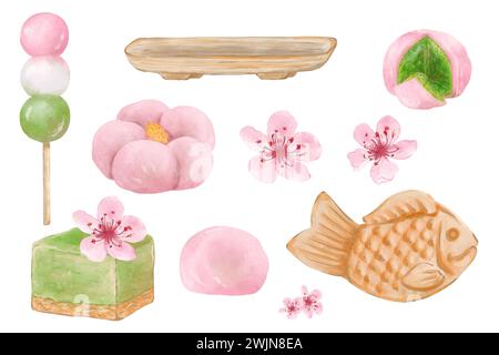 Ensemble de desserts de saison hanami. Plats de cuisine traditionnelle japonaise. Taiyaki, mochi, hanami dango et fleur de sakura. Aquarelle illustration dessinée à la main Banque D'Images