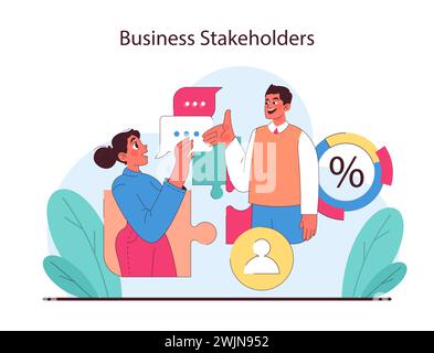 Concept des parties prenantes de l'entreprise. Un échange dynamique d'idées autour des indicateurs de performance clés et de l'engagement des utilisateurs, améliorant la stratégie de l'entreprise. Illustration vectorielle plate. Illustration de Vecteur