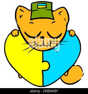 Chat rouge avec coeur de puzzle Ukraine sur fond blanc. Illustration de Vecteur