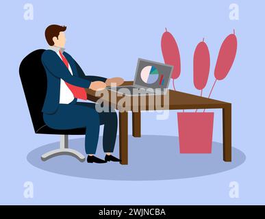 Homme d'affaires travaillant à un bureau sur un ordinateur portable, travail à domicile concept Illustration de Vecteur