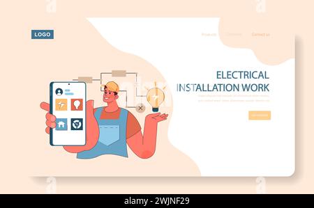 Concept de travail d'installation électrique. Électricien avec appareil intelligent présentant des services électriques modernes et des solutions d'éclairage. Illustration vectorielle plate Illustration de Vecteur