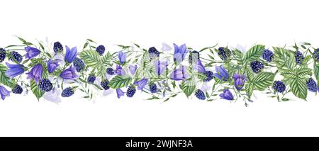 Bordure sans couture avec des mûres de forêt et des plantes de prairie. Baies, campanula, avena. Dewberry, Bramble, Harebells. Illustration aquarelle. Banque D'Images