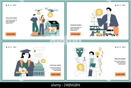 Subvention gouvernementale Web ou ensemble d'atterrissage. Divers secteurs, dont l'agriculture, la santé, l'énergie et l'armée, reçoivent un soutien financier. Stratégie budgétaire du gouvernement. Illustration vectorielle plate. Illustration de Vecteur