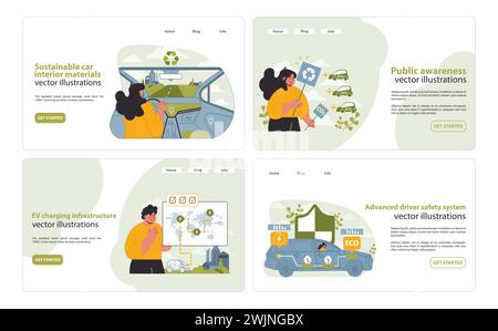 Illustrations Web de voitures électriques écologiques. Des visuels attrayants présentant des matériaux durables, sensibilisant le public et des systèmes de sécurité pour les véhicules électriques. Illustration de Vecteur