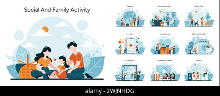 Ensemble d'activités sociales et familiales. Moments de liaison et expériences partagées. Pique-niques, voyages, loisirs, bénévolat et spectacles. Divers scénarios de loisirs. Illustration vectorielle Illustration de Vecteur