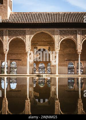 Bâtiments des palais de l'Alhambra dans la partie El Partal, réflexion dans la piscine d'eau, palmiers, Grenade, Espagne, Andalousie Banque D'Images