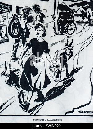 Une caricature du Dublin opinion Magazine intitulée Debutante : Ballyscunnion. L'image montre une jeune femme conduisant deux chèvres dans la rue du village. Ballyscunnion était un village fictif en Irlande et les allées là-bas étaient un article régulier du magazine. Banque D'Images