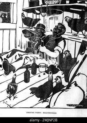 Un dessin animé du Dublin opinion Magazine intitulé cocktail Party : Ballyscunnion, montrant deux hommes dans un poulailler dégustant des bouteilles de stout tandis que les poules se promènent autour d'eux. Ballyscunnion était un village fictif en Irlande et les allées là-bas étaient un article régulier du magazine. Banque D'Images