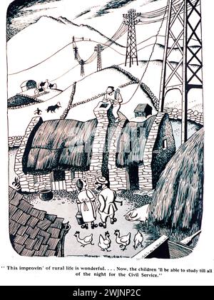 Une caricature du Dublin opinion Magazine montrant un chalet au toit de chaume connecté au réseau électrique dans le cadre du programme d'électrification rurale en Irlande. Le dessin montre deux personnes qui accueillent les améliorations afin que les enfants puissent rester debout toute la nuit à étudier pour la fonction publique. Banque D'Images