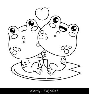 Mignonne couple grenouilles amoureuses du cœur. Personnage kawaii animal de contour drôle. Illustration vectorielle. Dessin au trait, livre de coloriage Illustration de Vecteur