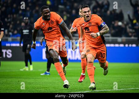 Milan, Italie. 16 février 2024. L'attaquant argentin #10 de l'Inter Milan, Lautaro Martinez, célèbre après avoir marqué le deuxième but de son équipe avec l'attaquant français #09 de l'Inter Milan Marcus Thuram lors du match italien de Serie A Inter Milan vs Salernitana au San Siro Stadium crédit : Piero Cruciatti/Alamy Live News Banque D'Images