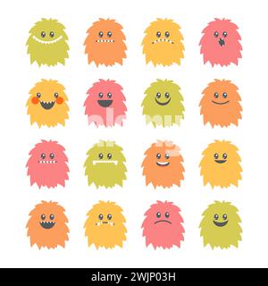 Ensemble de monstres smiley de dessin animé. Collection de différents personnages de monstres mignons et drôles moelleux. Illustration vectorielle Illustration de Vecteur