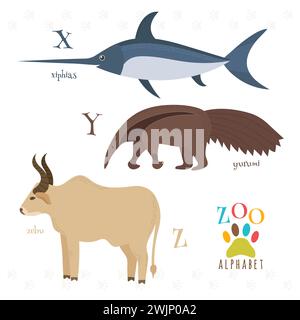 Alphabet zoo avec des animaux de dessin animé drôles. Lettres X, y, z. Xiphias, yurumi, zébu. Illustration vectorielle Illustration de Vecteur