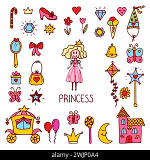 Petits éléments de conception de princesse. Jolie collection de princesse dessinée à la main. Ensemble de princesse douce d'icônes vectorielles. Illustration vectorielle Illustration de Vecteur