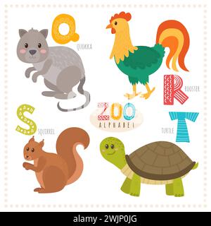 Animaux de dessin animé mignons. Alphabet zoo avec des animaux drôles. Lettres Q, R, s, t. Quokka, coq, écureuil, tortue. Illustration vectorielle Illustration de Vecteur