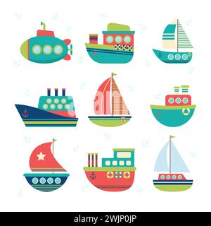 Différents types de bateaux. Ensemble de transport maritime. Bateaux de pêche, yachts et voiliers. Illustration vectorielle Illustration de Vecteur