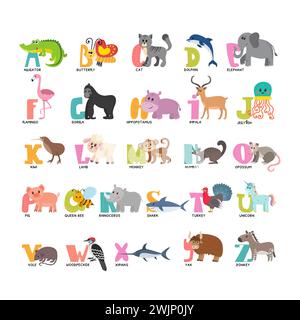 Mignon animaux de bande dessinée alphabet de A à Z. illustration vectorielle Illustration de Vecteur