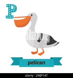 Pelican. Lettre P. Mignon enfants alphabet animal dans le vecteur. Animaux de dessin animé drôles. Illustration vectorielle Illustration de Vecteur
