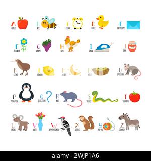 ABC. Apprenez à lire. Alphabet d'enfants avec des animaux de dessin animé mignons et d'autres éléments drôles. Illustration vectorielle Illustration de Vecteur