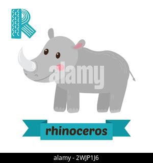 Rhinocéros. Lettre R. Mignon enfants alphabet animal dans le vecteur. Animaux de dessin animé drôles. Illustration vectorielle Illustration de Vecteur