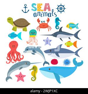 Ensemble vectoriel de créatures marines. Animaux de dessin animé mignons. Illustration vectorielle Illustration de Vecteur