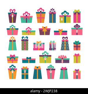 Surprise d'anniversaire. Ensemble de boîtes cadeaux différentes. Boîtes-cadeaux emballées colorées. Cadeaux de Noël. Conception plate. Illustration vectorielle Illustration de Vecteur
