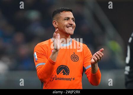 Milan, Italie. 06 janvier 2024. Foto Spada/LaPresse 16 febbraio 2024 - Milano, Italia - sport, calcio - Inter vs Salernitana - Campionato Italiano di calcio Serie A TIM 2023/2024 - Stadio San Siro. Nella foto : Alexis Sanchez (FC Inter) ; 16 février 2024, 2024 Milan, Italie - sport, calcio - Inter vs Salernitana - Championnat italien de football Serie A 2023/2024 - stade San Siro. Sur la photo : : Alexis Sanchez (FC Inter) ; crédit : LaPresse/Alamy Live News Banque D'Images