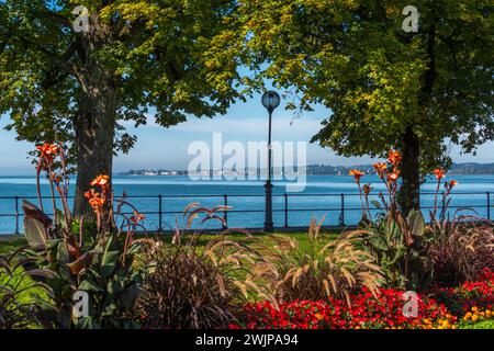 Bregenz sur le lac de Constance, Autriche, promenade au bord du lac, Corniche, frontière de fleurs, vue de Lindau, Allemagne Banque D'Images