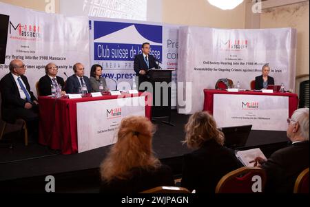 Genève, Suisse. 15 février 2024. Javaid Rehman, rapporteur spécial des Nations Unies sur la situation des droits de l'homme en Iran, prend la parole lors d'une audition de la société civile sur le massacre de prisonniers politiques en 1988. Une audition de la société civile sur le massacre de prisonniers politiques de 1988, organisée par Justice pour les victimes du massacre de 1988 en Iran (JVMI), a eu lieu au Club de la presse de Genève. (Photo de Siavosh Hosseini/SOPA images/Sipa USA) crédit : Sipa USA/Alamy Live News Banque D'Images