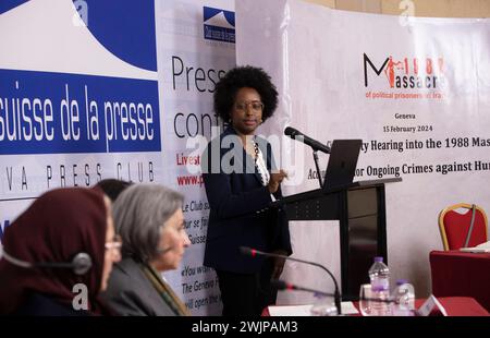 Genève, Suisse. 15 février 2024. AUA Baldé, Présidente-Rapporteuse du Groupe de travail des Nations Unies sur les disparitions forcées ou involontaires (WGEID), prend la parole lors d'une audition de la société civile sur le massacre de prisonniers politiques en Iran en 1988. Une audition de la société civile sur le massacre de prisonniers politiques de 1988, organisée par Justice pour les victimes du massacre de 1988 en Iran (JVMI), a eu lieu au Club de la presse de Genève. (Photo de Siavosh Hosseini/SOPA images/Sipa USA) crédit : Sipa USA/Alamy Live News Banque D'Images