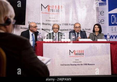 Genève, Suisse. 15 février 2024. À gauche, Mostafa Naderi, Reza Fallahi et Nasrullah Marandi, survivants du massacre de 1998 en Iran, et Azadeh Zabeti, modérateur de l'événement. Une audition de la société civile sur le massacre de prisonniers politiques de 1988, organisée par Justice pour les victimes du massacre de 1988 en Iran (JVMI), a eu lieu au Club de la presse de Genève. (Photo de Siavosh Hosseini/SOPA images/Sipa USA) crédit : Sipa USA/Alamy Live News Banque D'Images