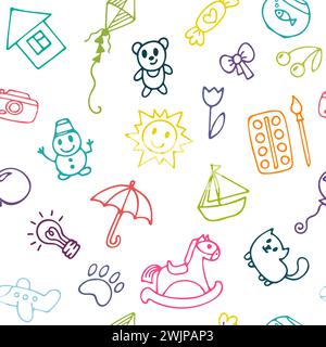 Doodle enfants dessin fond. Motif sans couture pour les petites filles et les garçons mignons. Esquisser un ensemble de dessins dans un style enfant. Illustration vectorielle Illustration de Vecteur